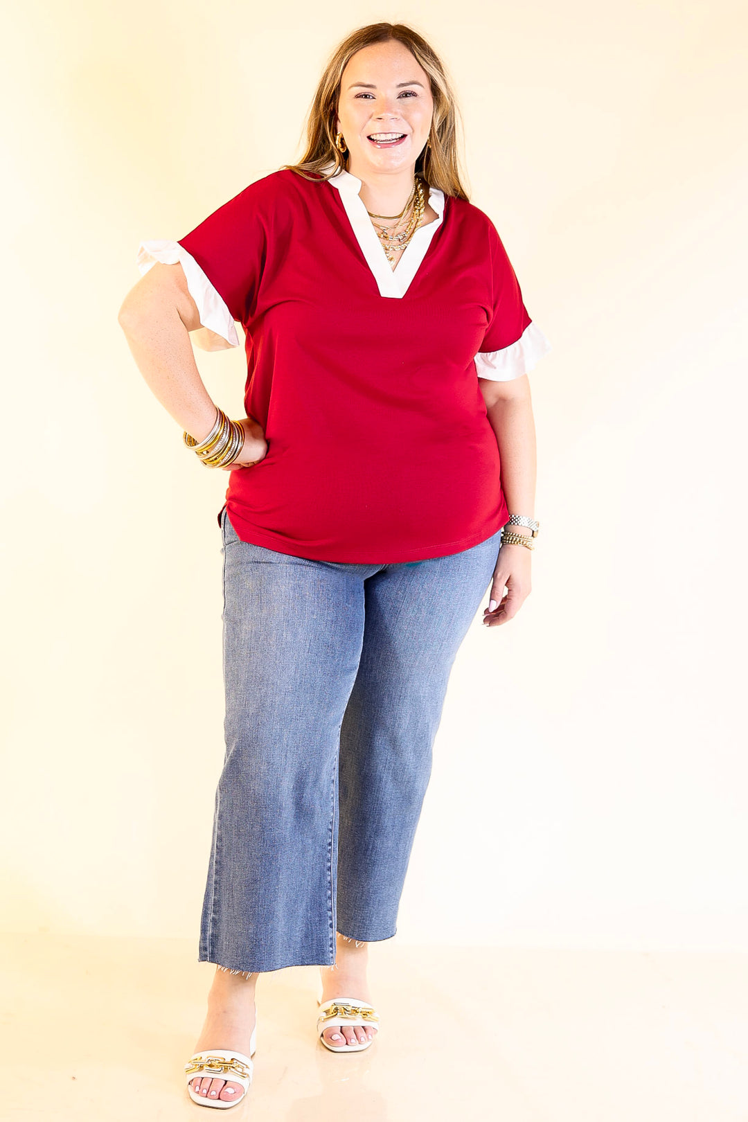 Power Play V Neck with Ruffle Short Sleeves and White Trim in Maroon