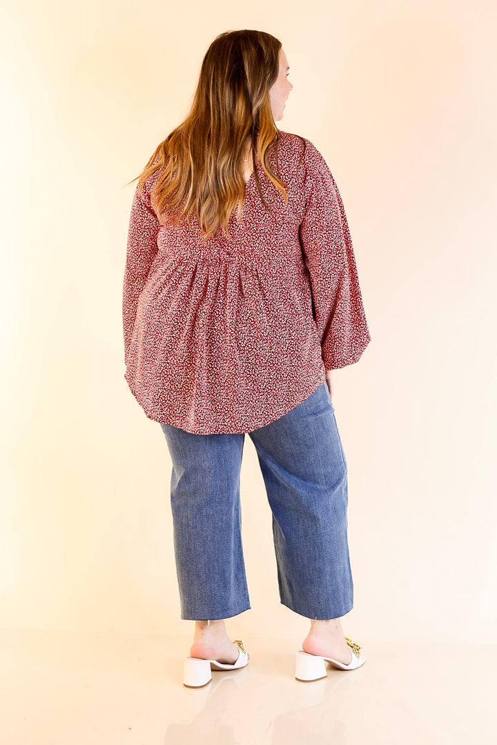 Really Dreamy Small Leopard Print Babydoll Top with Long Sleeves in Burgundy Red