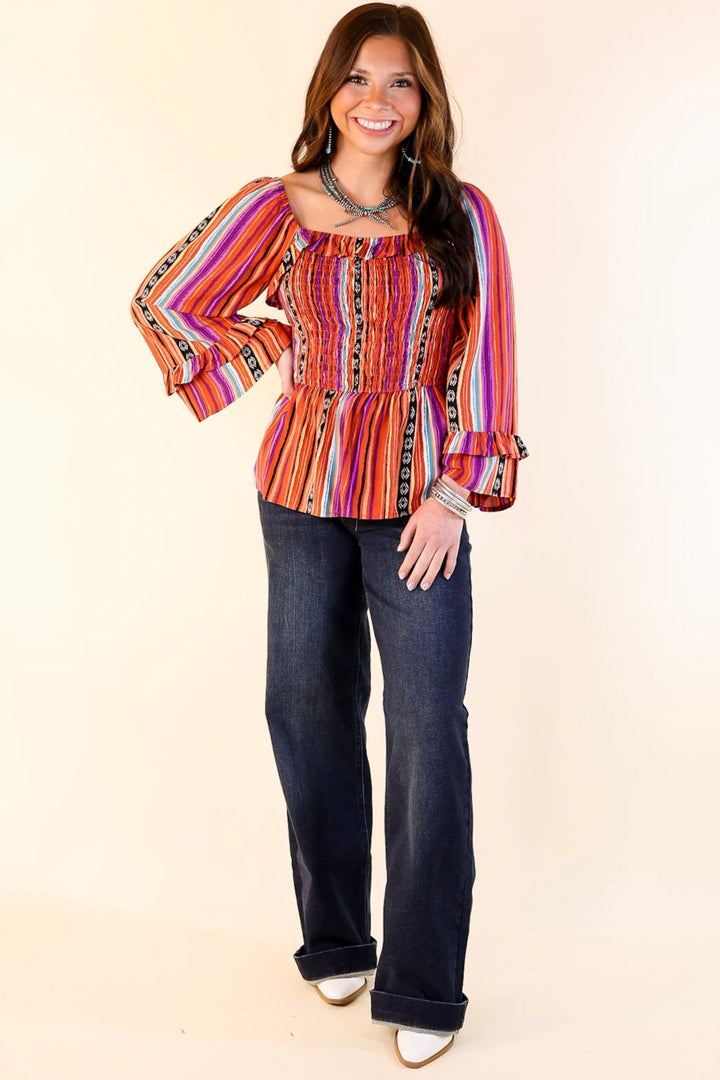 Blissful Break Serape Print Peplum Top with Smocked Bodice in Rust Orange Mix