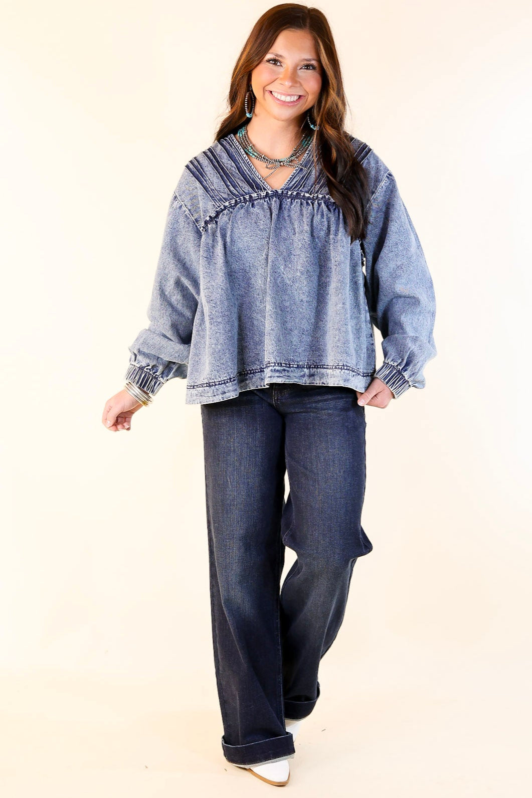 Western Soul Long Sleeve V Neck Denim Top in Medium Wash