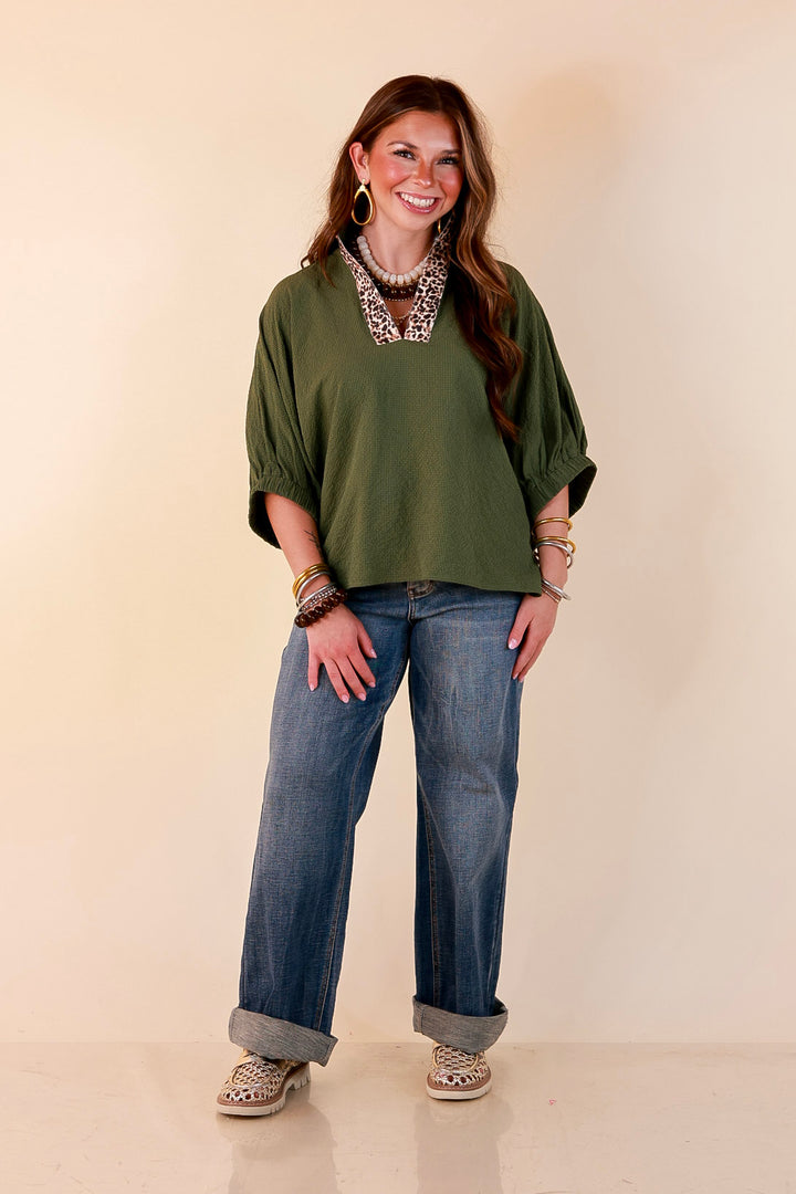 Naturally Chic Textured Poncho Top with Leopard Trim Details and Dolman Sleeves in Olive Green
