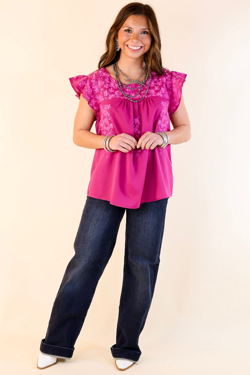 Picture Perfect Ruffle Cap Sleeve Top with Floral Embroidery in Magenta
