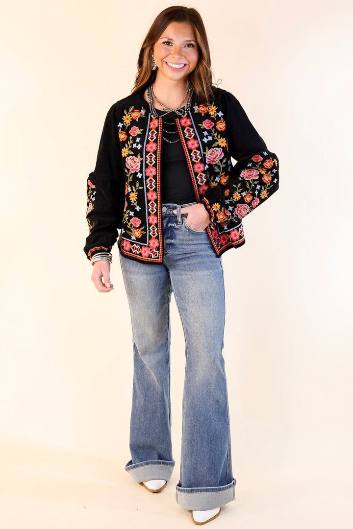 More To Say Corduroy Floral Embroidered Jacket in Black