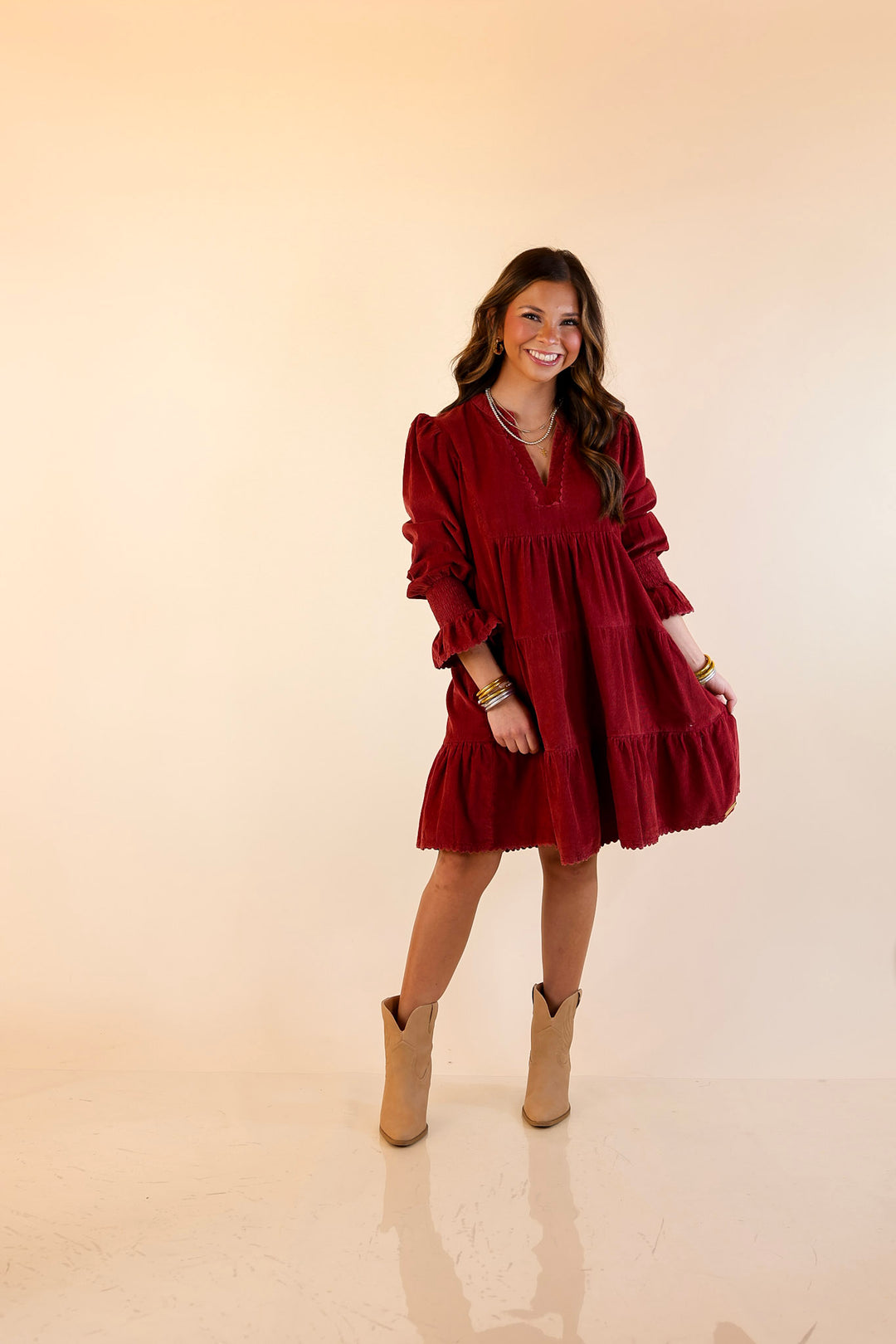 Simply Southern | Made for Today Long Sleeve Tiered Corduroy Dress in Burgundy