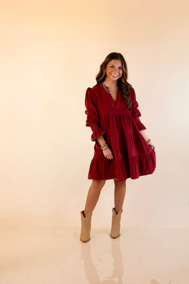 Simply Southern | Made for Today Long Sleeve Tiered Corduroy Dress in Burgundy