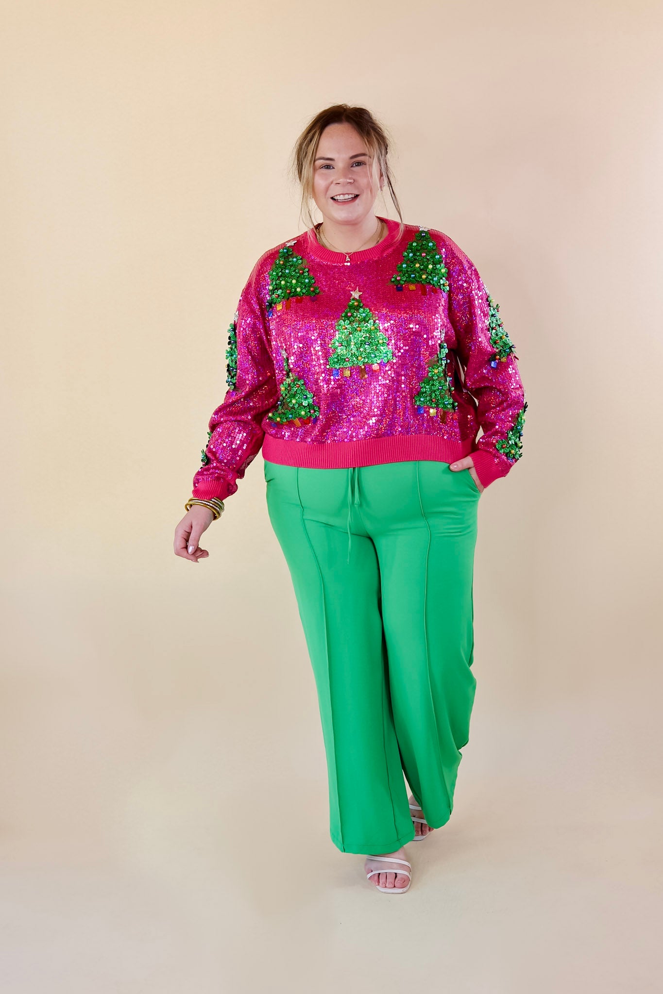 Queen Of Sparkles | Full Sequin Graphic Christmas Tree Sweater in Pink - Giddy Up Glamour Boutique