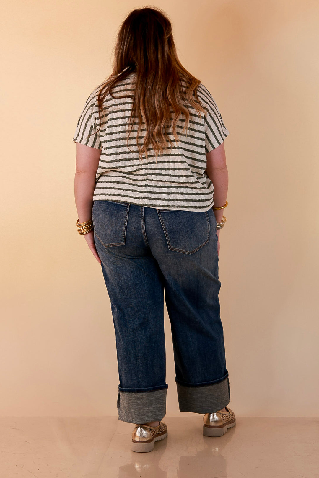 Simply Said Striped Drop Shoulder Collared Cropped Top in Ivory with Olive Green Stripes