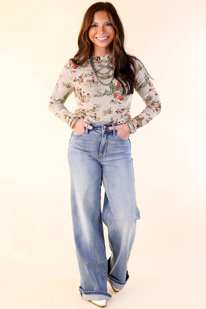 Western Dream Mesh Long Sleeve Top with Retro Western Print in Tan