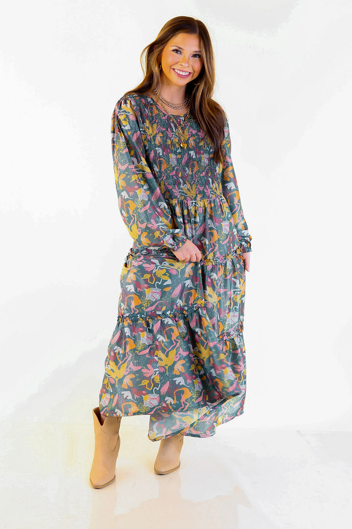 Mud Pie | Shaffer Smocked Bodice Long Sleeve Midi Dress with Tiered Skirt in Blue Mix