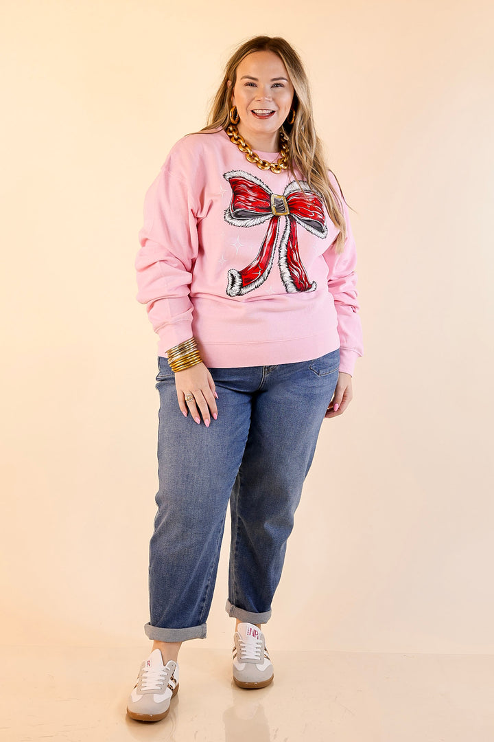 Simply Southern | Wrapped in Joy Santa's Suit Bow Graphic Crewneck Sweatshirt in Tutu Pink