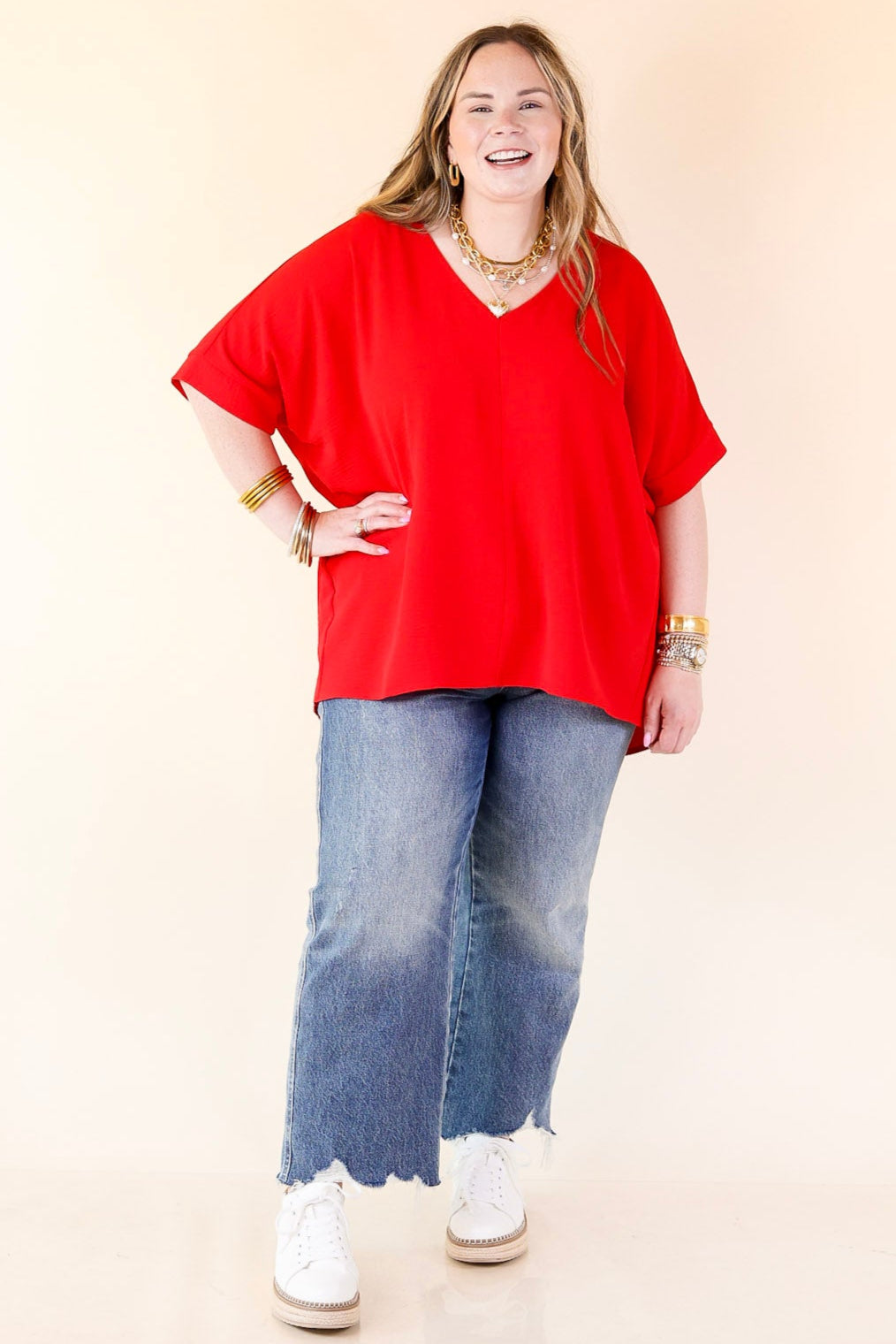 Classically Chic Short Sleeve V Neck Top in Red