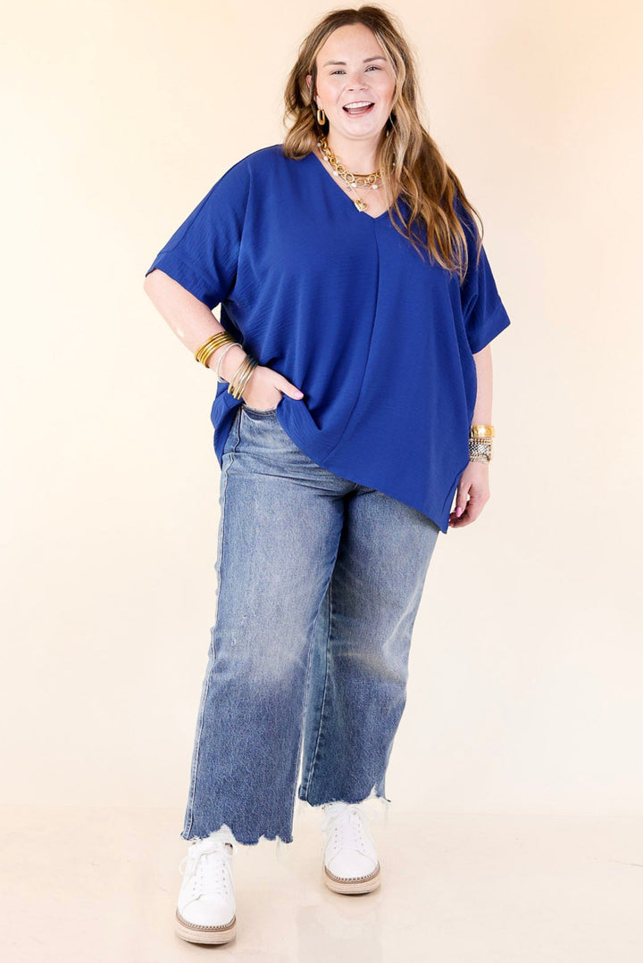 Classically Chic Short Sleeve V Neck Top in Navy