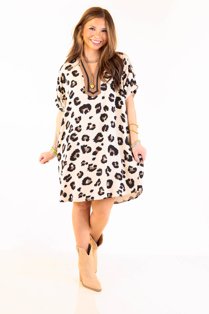 Naturally Stylish Leopard Print Poncho Dress in Cream, Black and Brown