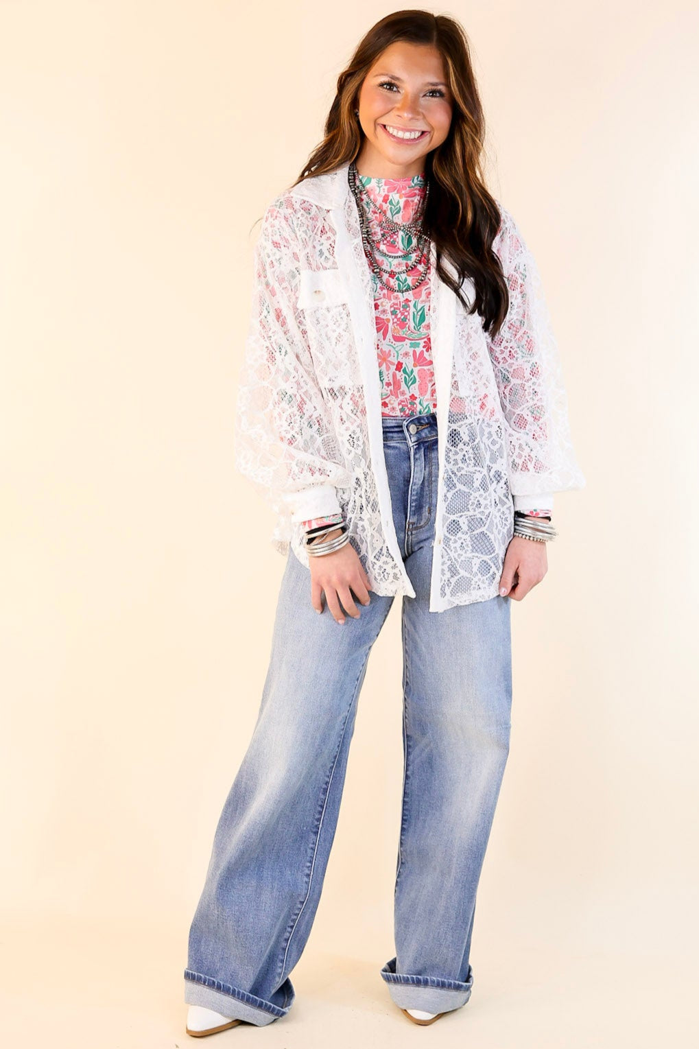 Sheer Chic Collared Button Up Lace Top in White