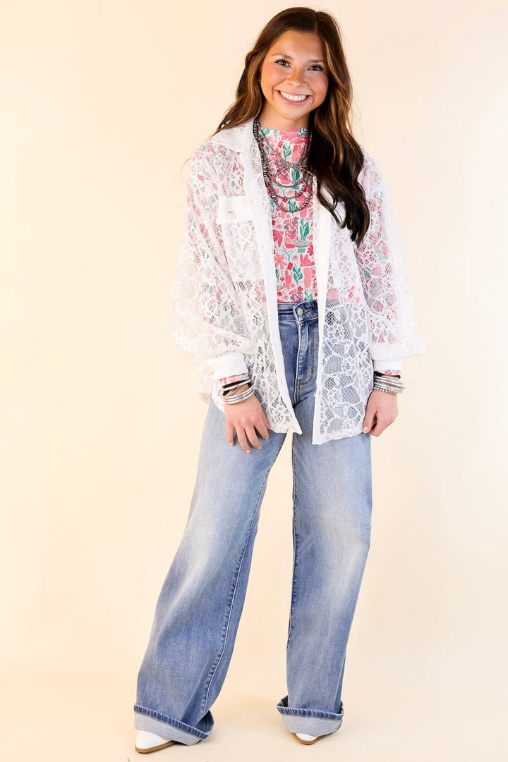 Sheer Chic Collared Button Up Lace Top in White