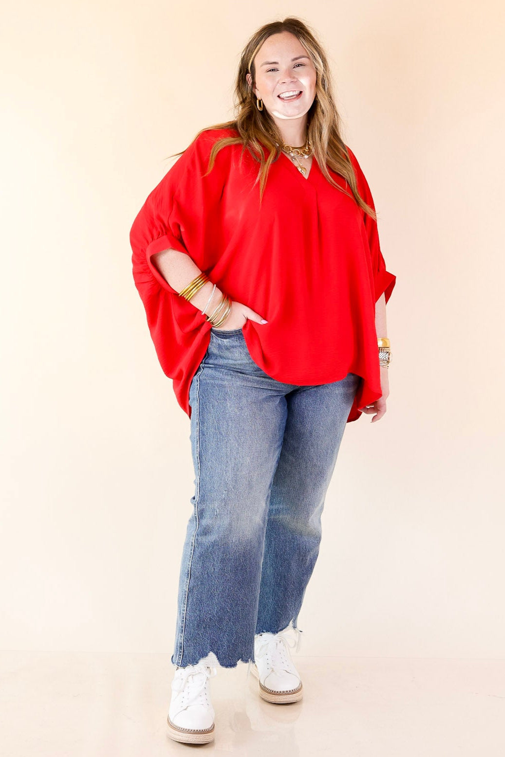 Elevated Basics V Neck Top with Half Sleeves in Ruby