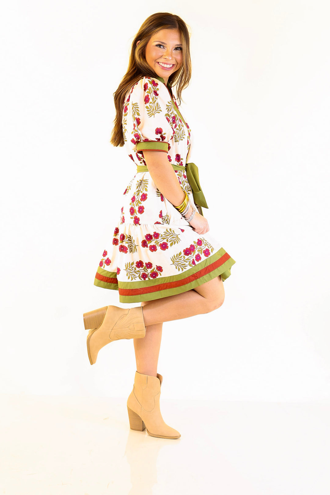 Garden Party Floral Dress with Dropped Skirt and Olive and Maroon Trim in Cream