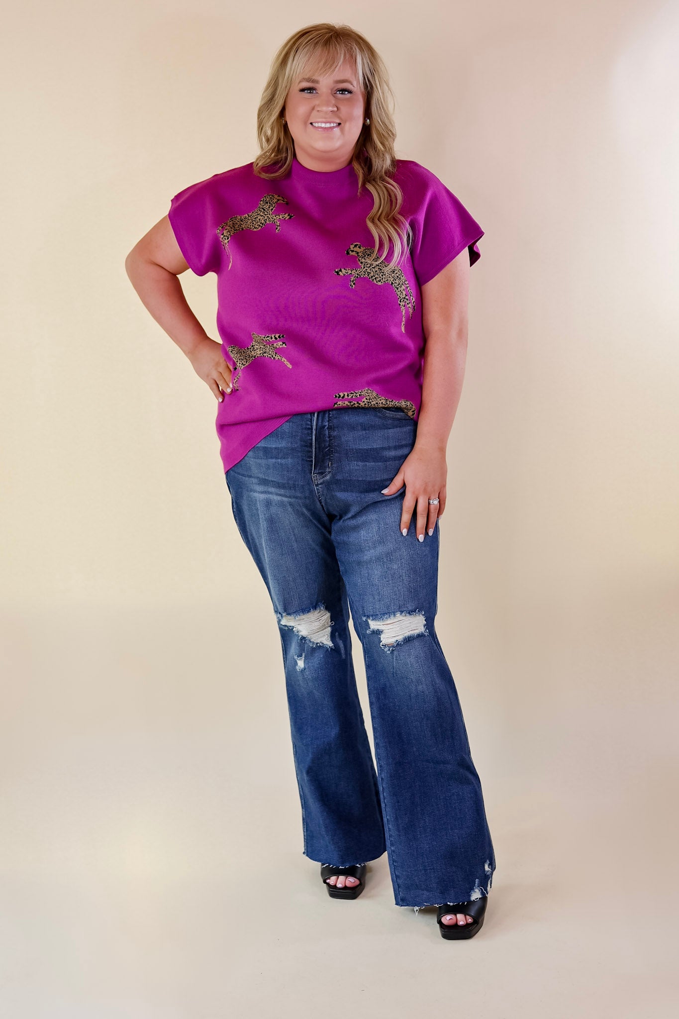 Upscale Charm Cheetah Print Sweater Top in Magenta Purple - Giddy Up Glamour Boutique