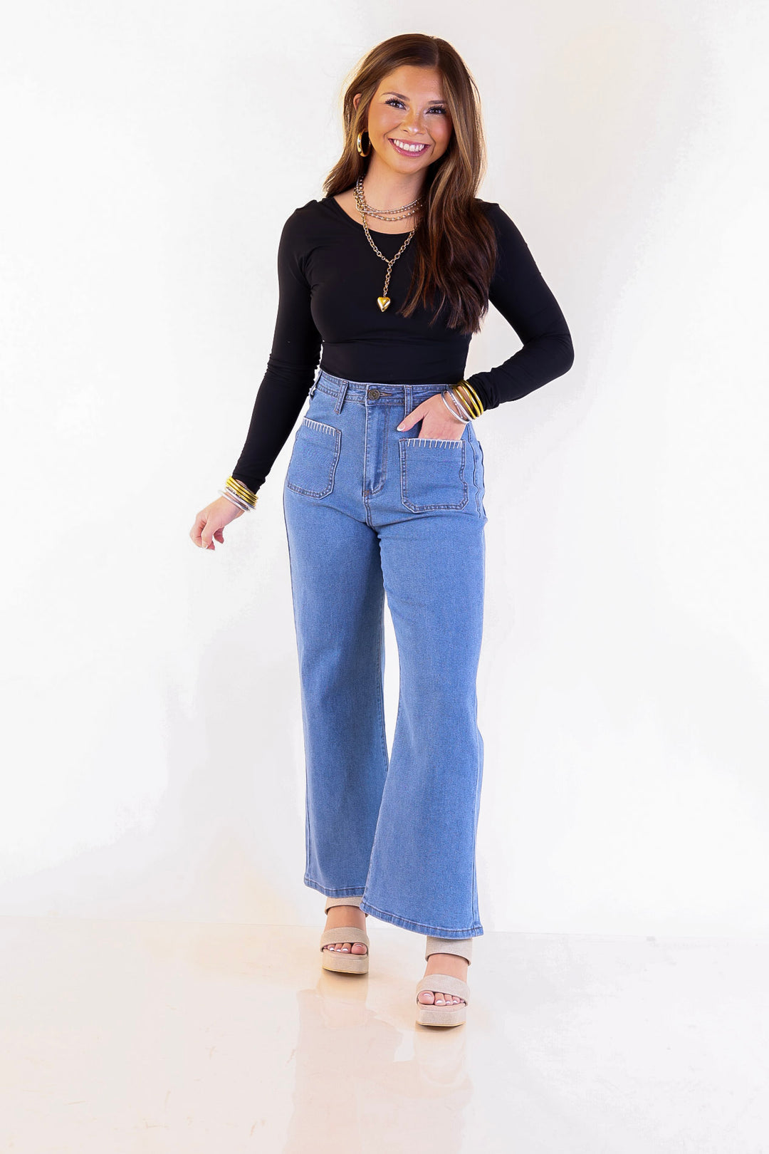 Patch Me In Denim Wide Leg Cropped Jean with Front Patch Pocket and Crochet Trim in Medium Wash
