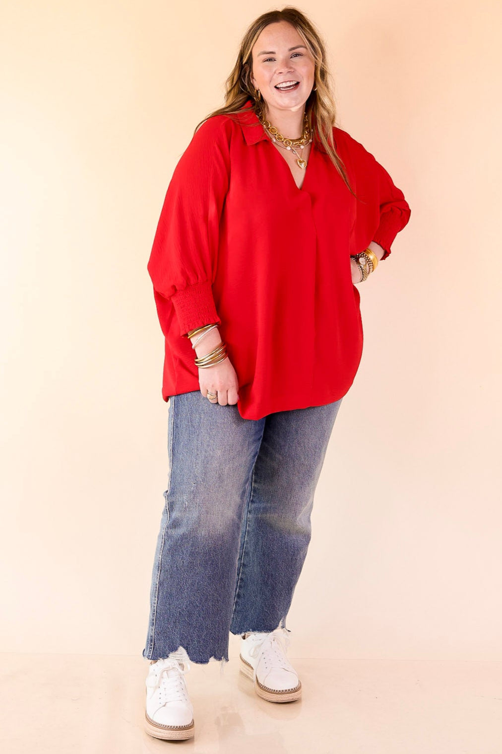 Spoken In Style Collared Blouse with Smoked Sleeve Band in Ruby