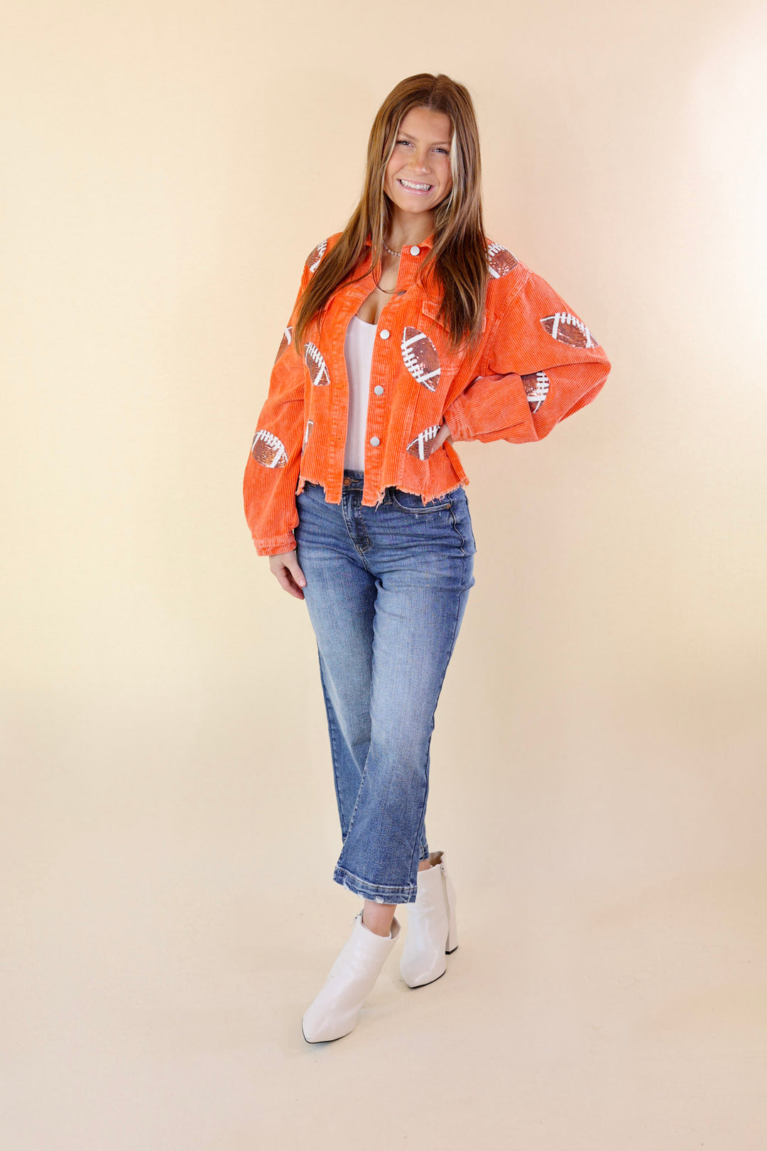 Gameday Ready Corduroy Shacket with Sequin Football Patches in Orange - Giddy Up Glamour Boutique