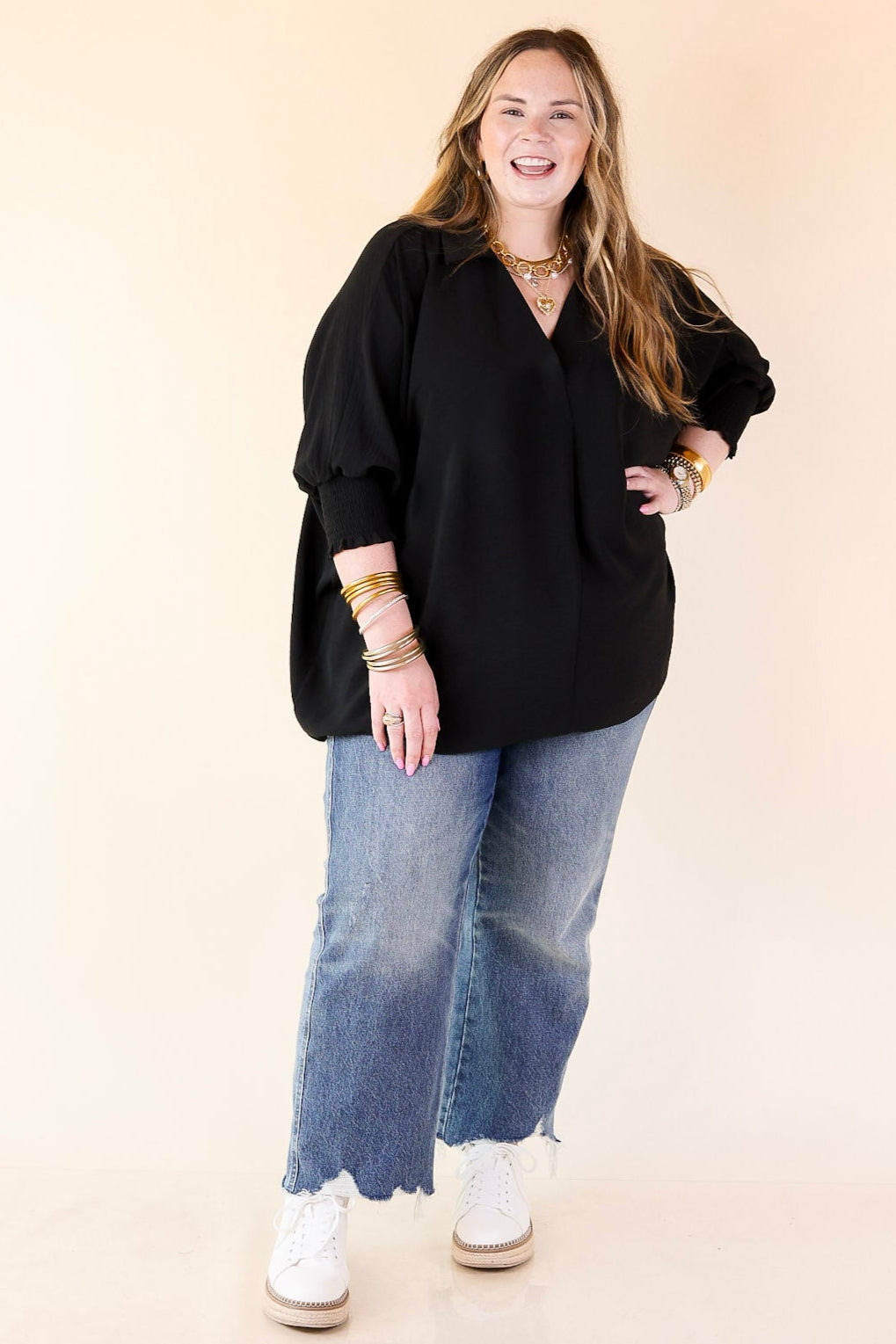 Spoken In Style Collared Blouse with Smoked Sleeve Band in Black