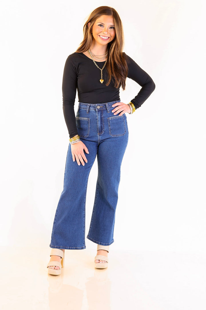 Patch Me In Denim Wide Leg Cropped Jean with Front Patch Pocket and Crochet Trim in Dark Wash