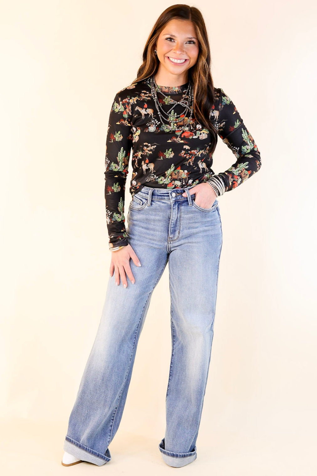 Western Dream Mesh Long Sleeve Top with Retro Western Print in Black