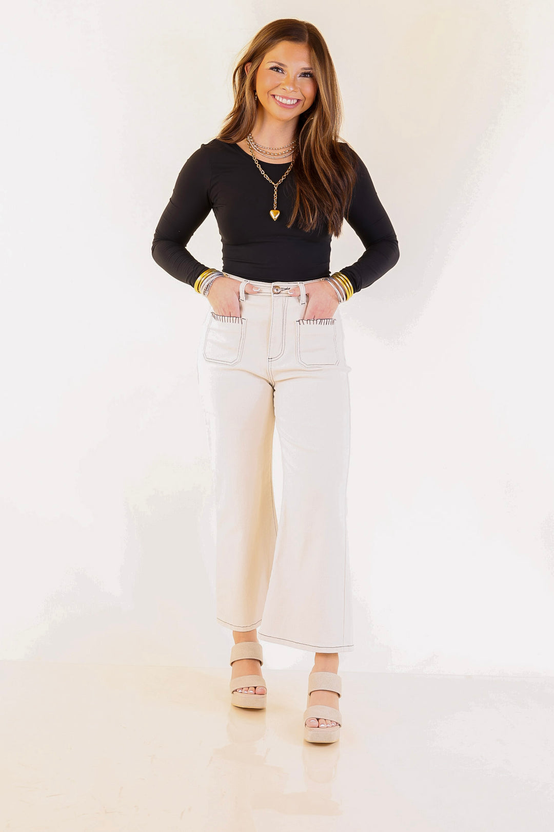 Patch Me In Denim Wide Leg Cropped Jean with Front Patch Pocket and Crochet Trim in Cream