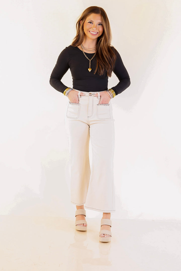 Patch Me In Denim Wide Leg Cropped Jean with Front Patch Pocket and Crochet Trim in Cream