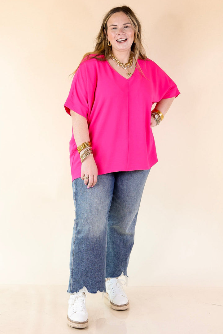 Classically Chic Short Sleeve V Neck Top in Hot Pink