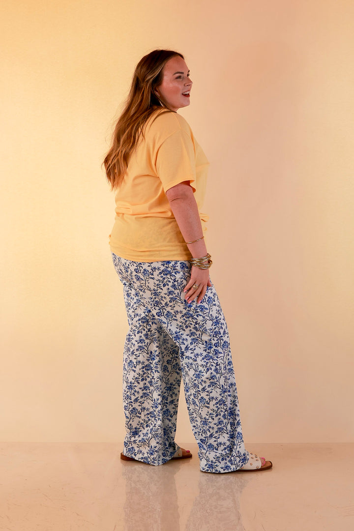 Lulu Mac | Casual Agenda Floral Toile Print Boxer Pants with Elastic Waistband in Blue
