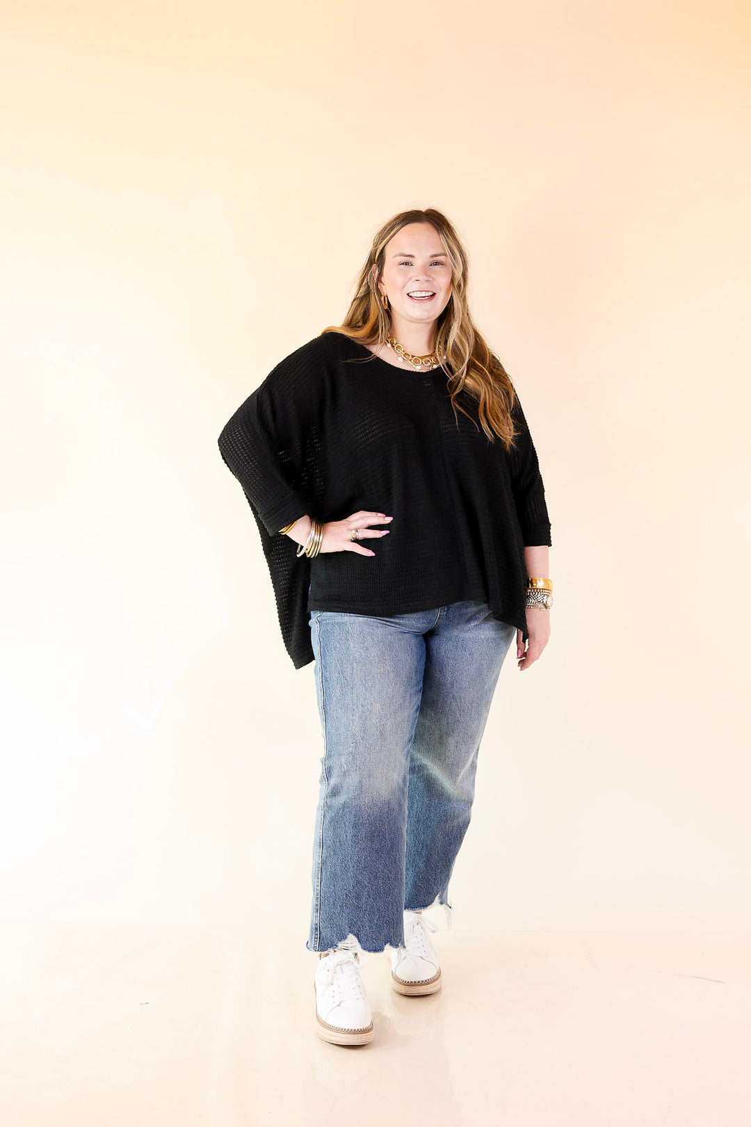 Breezy Intuition 3/4 Cuffed Sleeves Waffle Net Blouse In Black