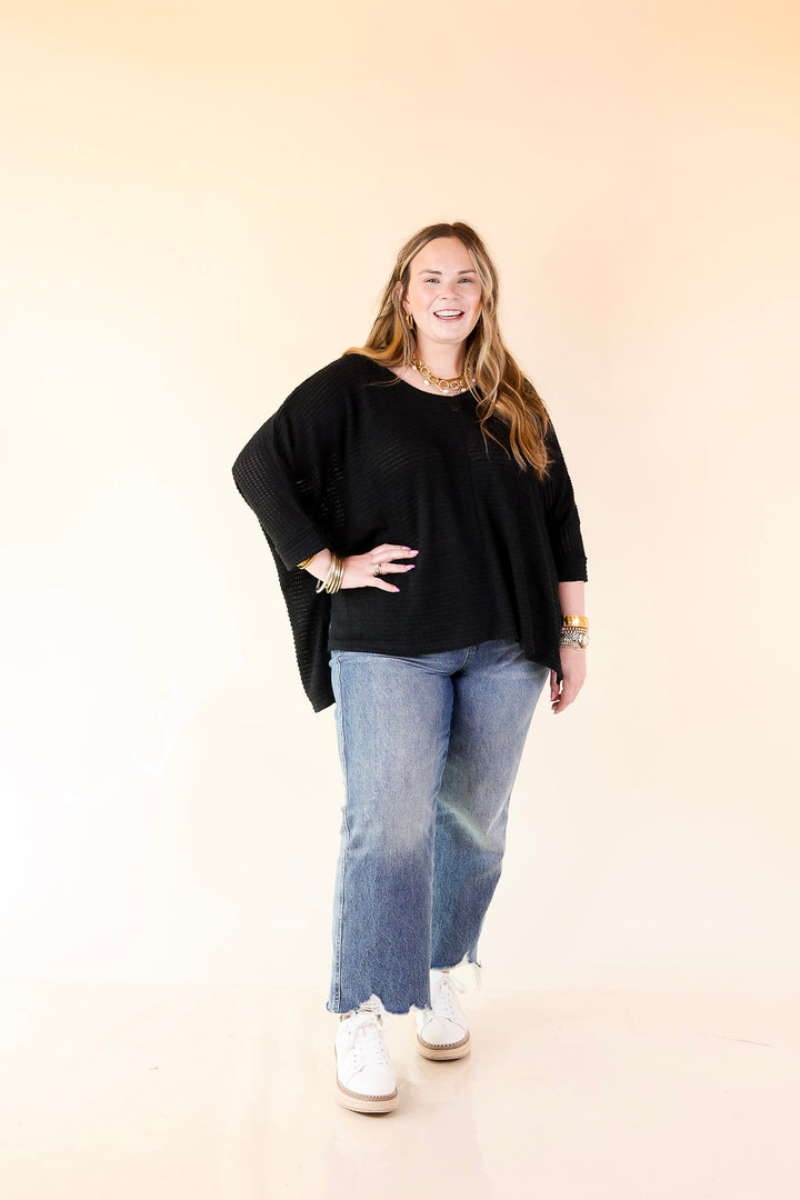 Breezy Intuition 3/4 Cuffed Sleeves Waffle Net Blouse In Black