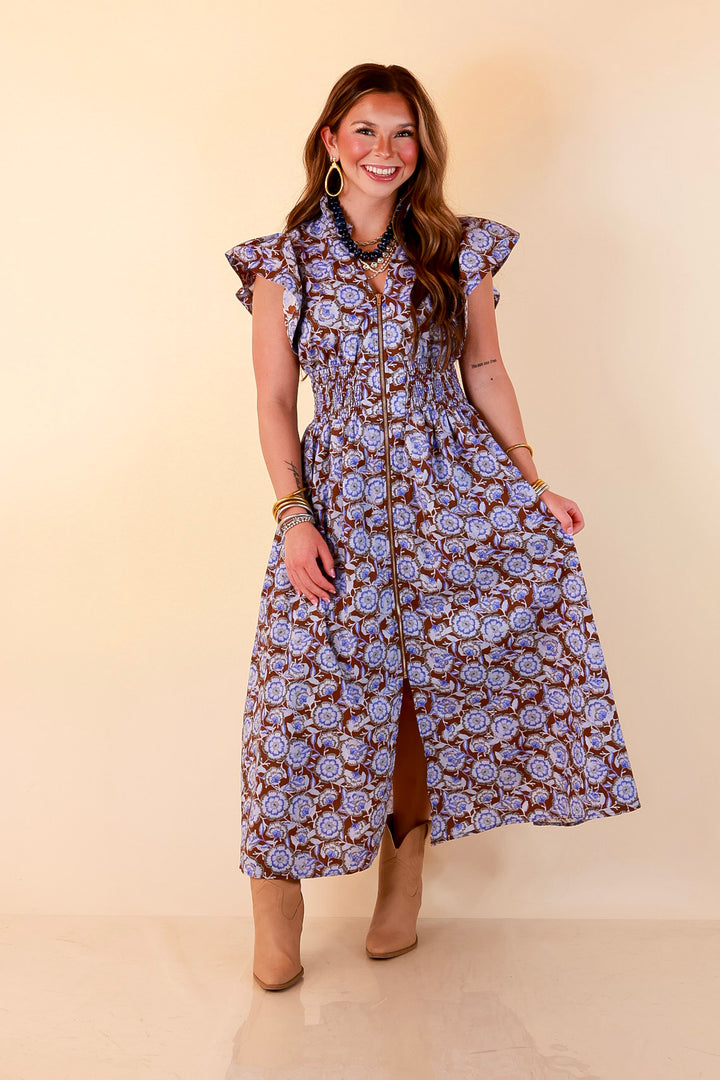 Modern Grace Zip Front Midi Floral Print Dress with Smocked Waist and Short Flutter Sleeves in Brown and Periwinkle Blue