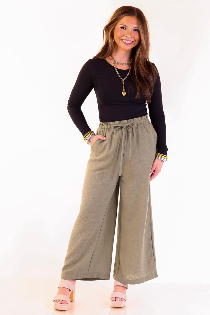 On Repeat Cropped Drawstring Woven Pants in Olive Green