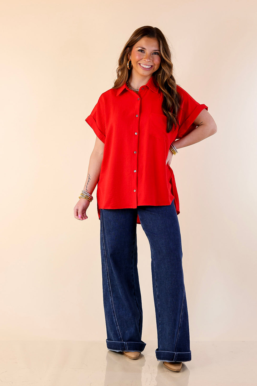 Timeless Appeal Collared Button Up Top in Red