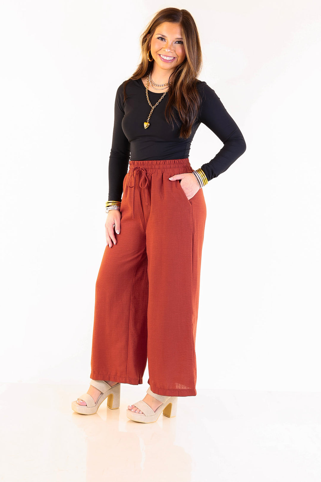 On Repeat Cropped Drawstring Woven Pants in Rust Orange