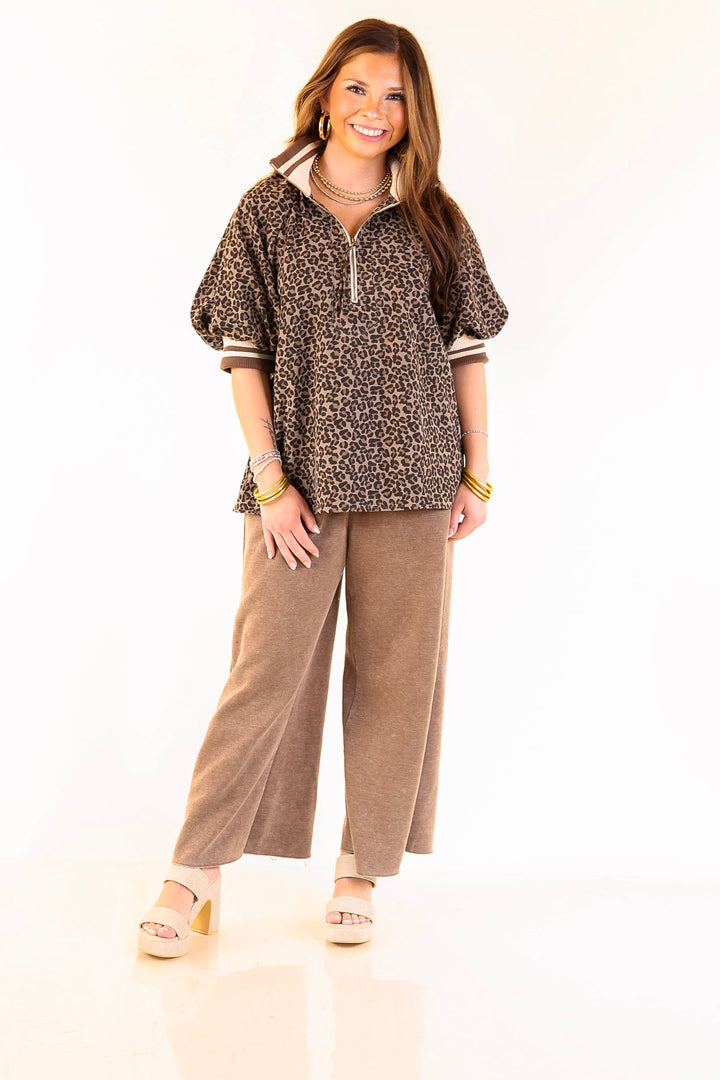 Bold Instincts Leopard Print Half Zip Top with Puff Sleeves in Brown and Cream