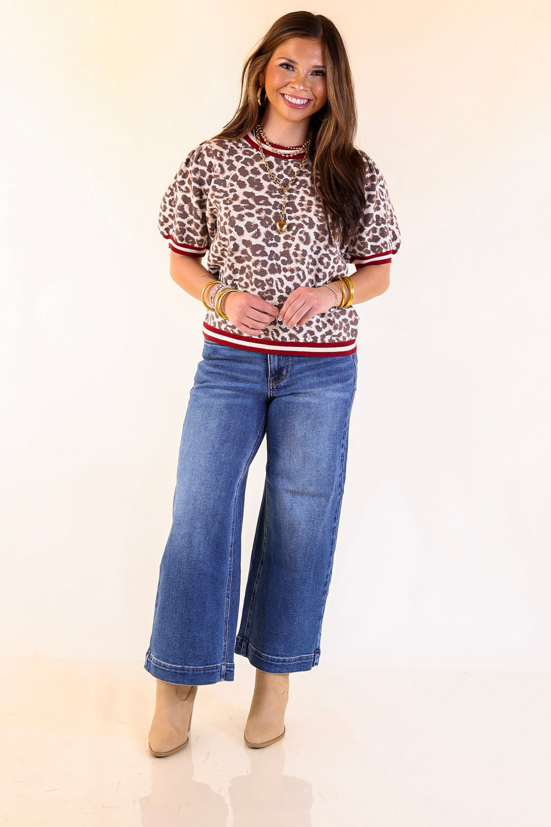 Feline Fine Leopard Print Short Sleeve Sweater with Contrast Trim in Maroon