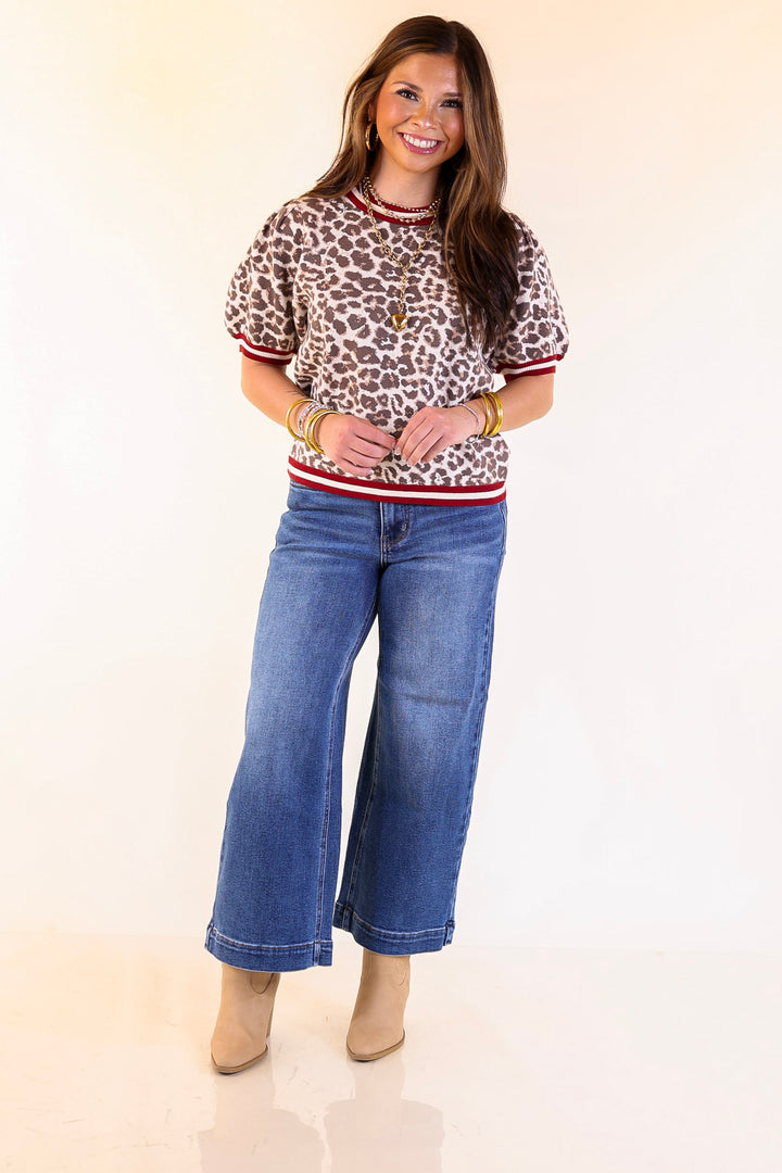 Feline Fine Leopard Print Short Sleeve Sweater with Contrast Trim in Maroon