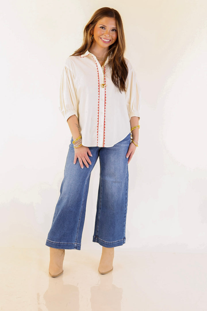 Ripple Effect Puff Sleeve Button-Up Top with Rick-Rack Trim Detailing in Cream