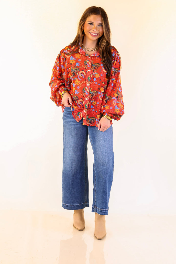 Winning Streak Button Up Collared Horseshoe Print Mesh Top with Long Balloon Sleeves in Red