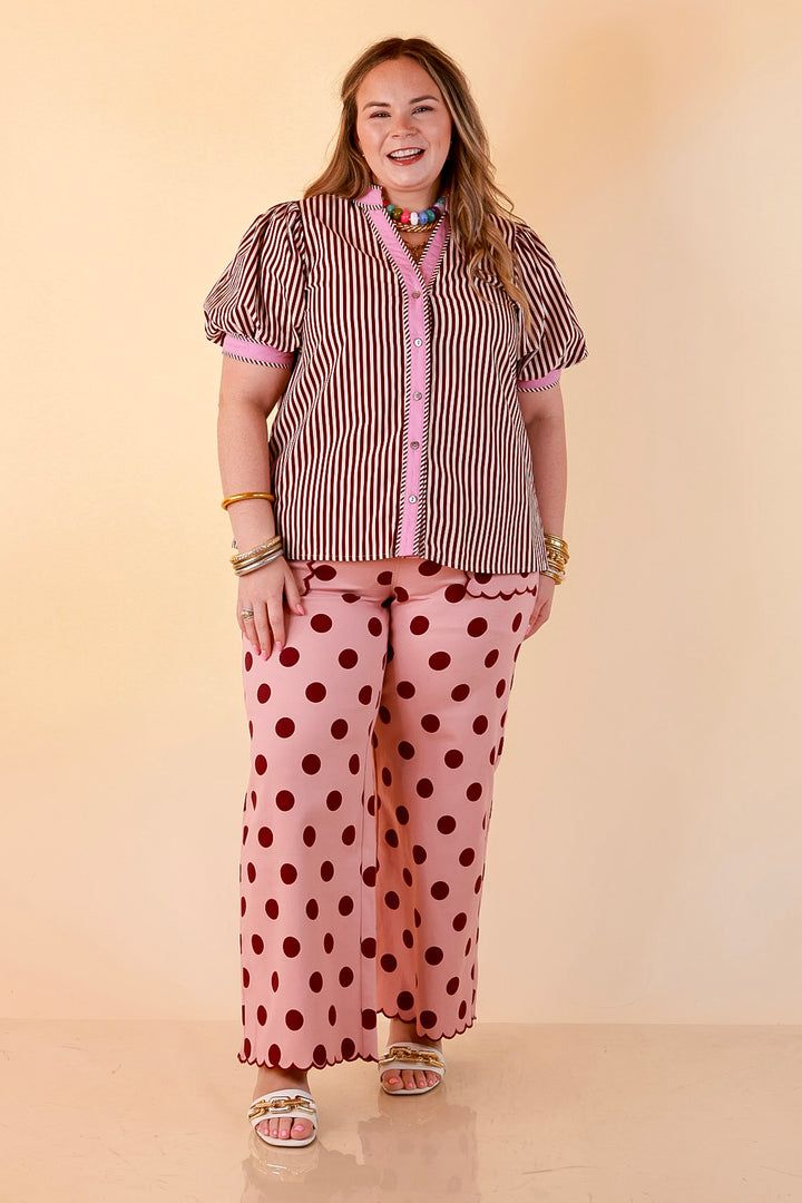 Pop of Polish Short Puff Sleeve Button Front Top with Contrast Trim in White, Maroon, and Pink