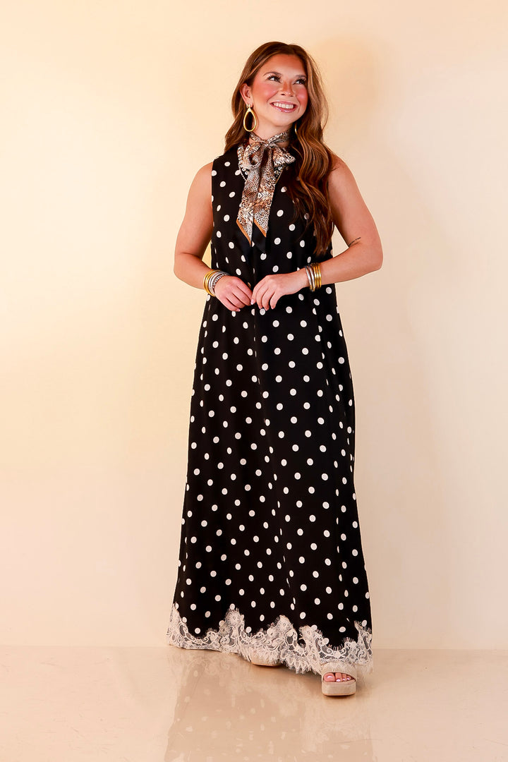 Sweet Little Something Polka Dot Sleeveless Maxi Dress with Lace Trim in Black