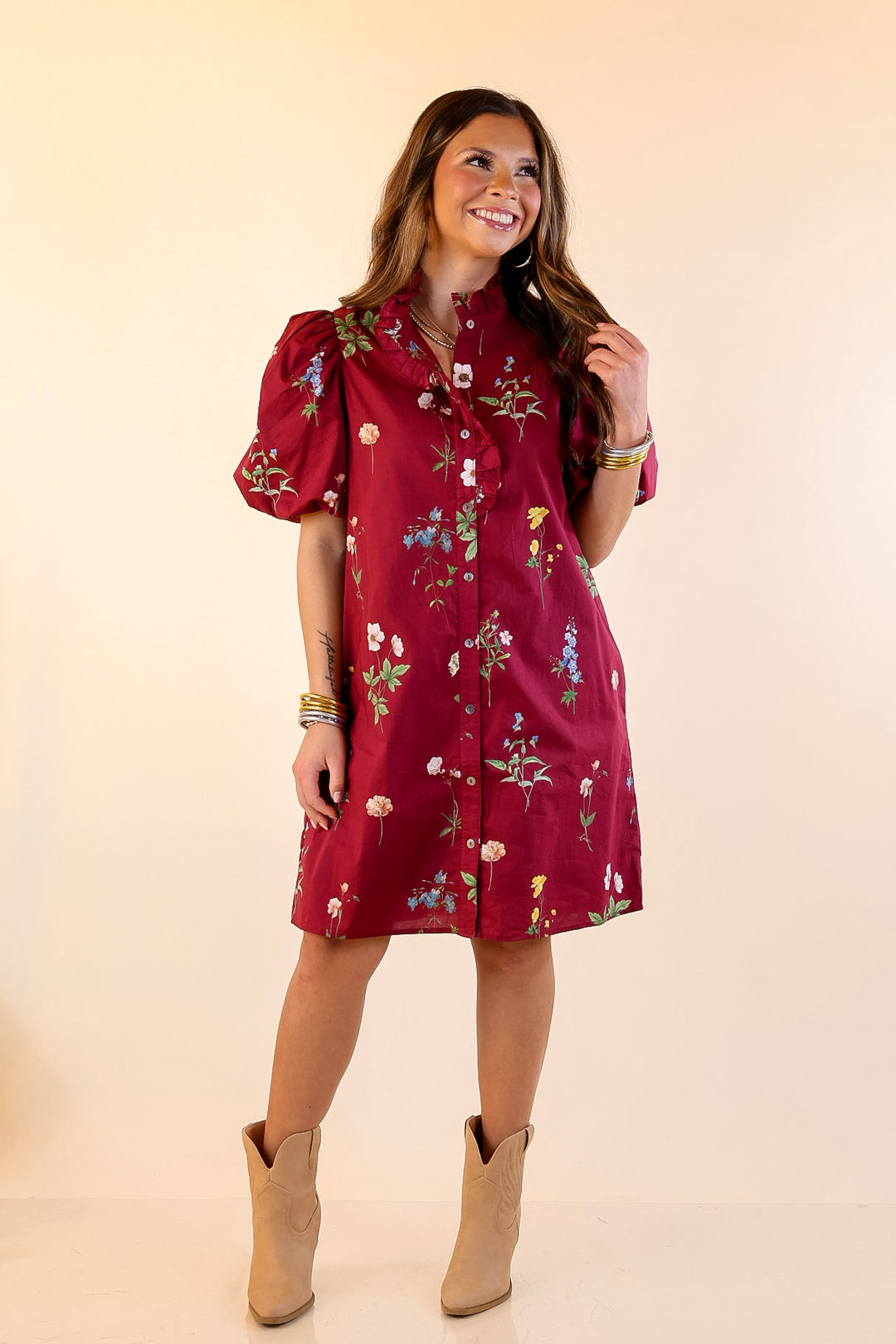 Forever Floral Button Up Floral Dress with Ruffle Trim and Puff Sleeves in Maroon