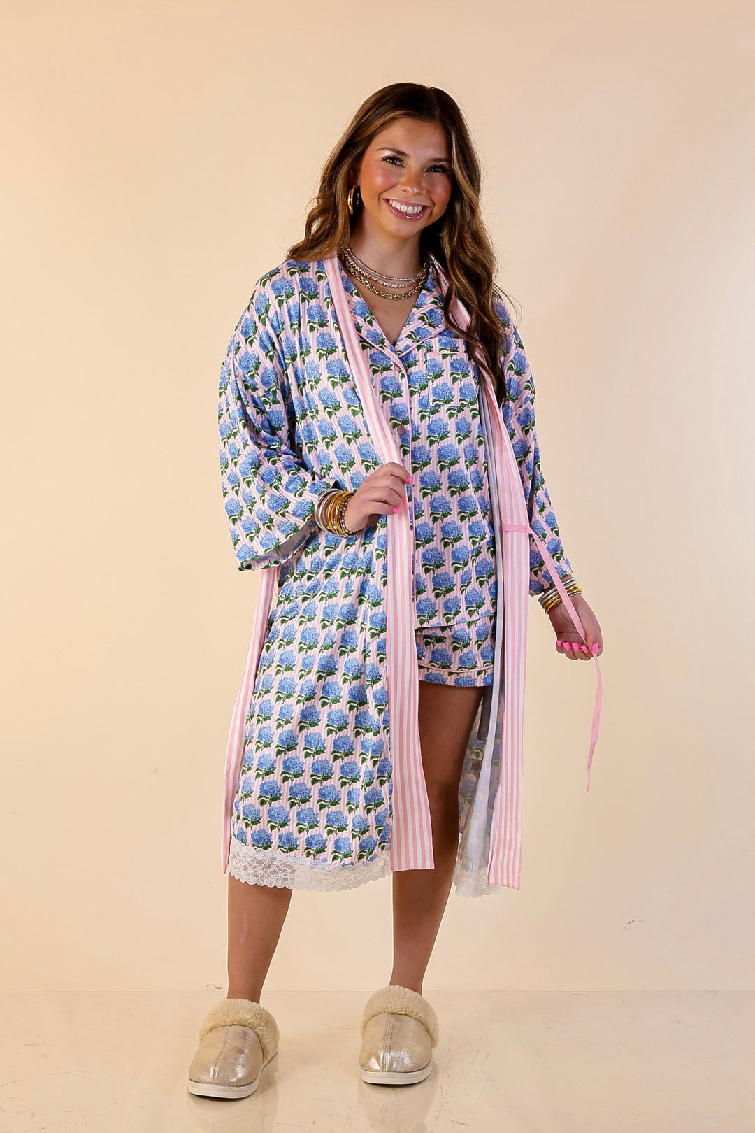 Simply Southern | Snooze in Style Hydrangea and Stripe Print Robe in Pink