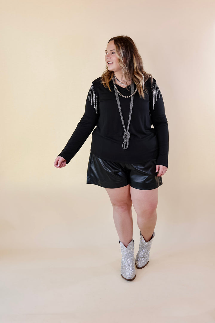 Party Dreams Long Sleeve V Neck Top with Crystal Fringe Shoulders in Black - Giddy Up Glamour Boutique