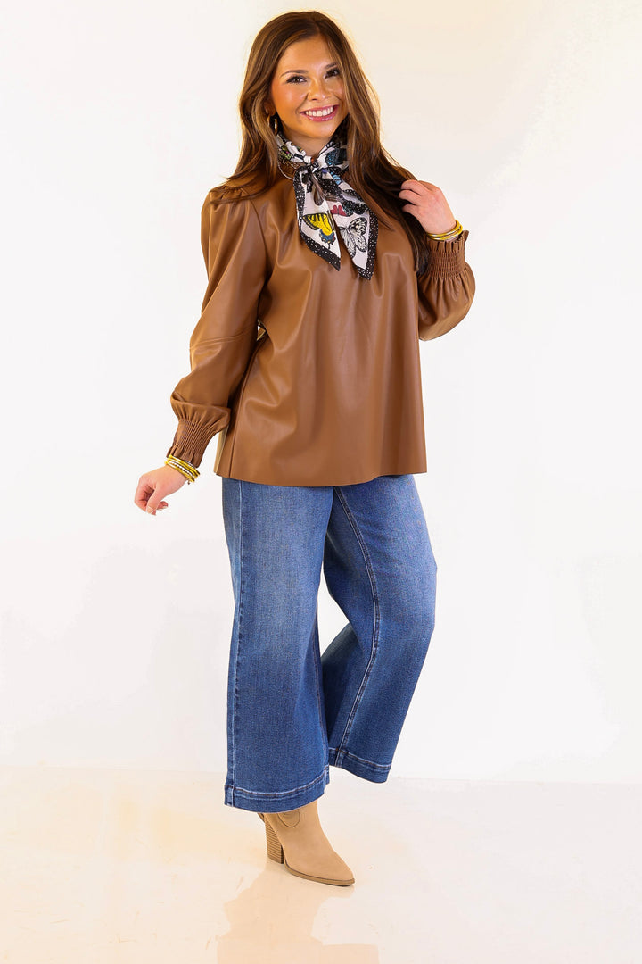 Mud Pie | Putnam Faux Leather Long Sleeve Top with Smocked Cuffs in Tan Brown