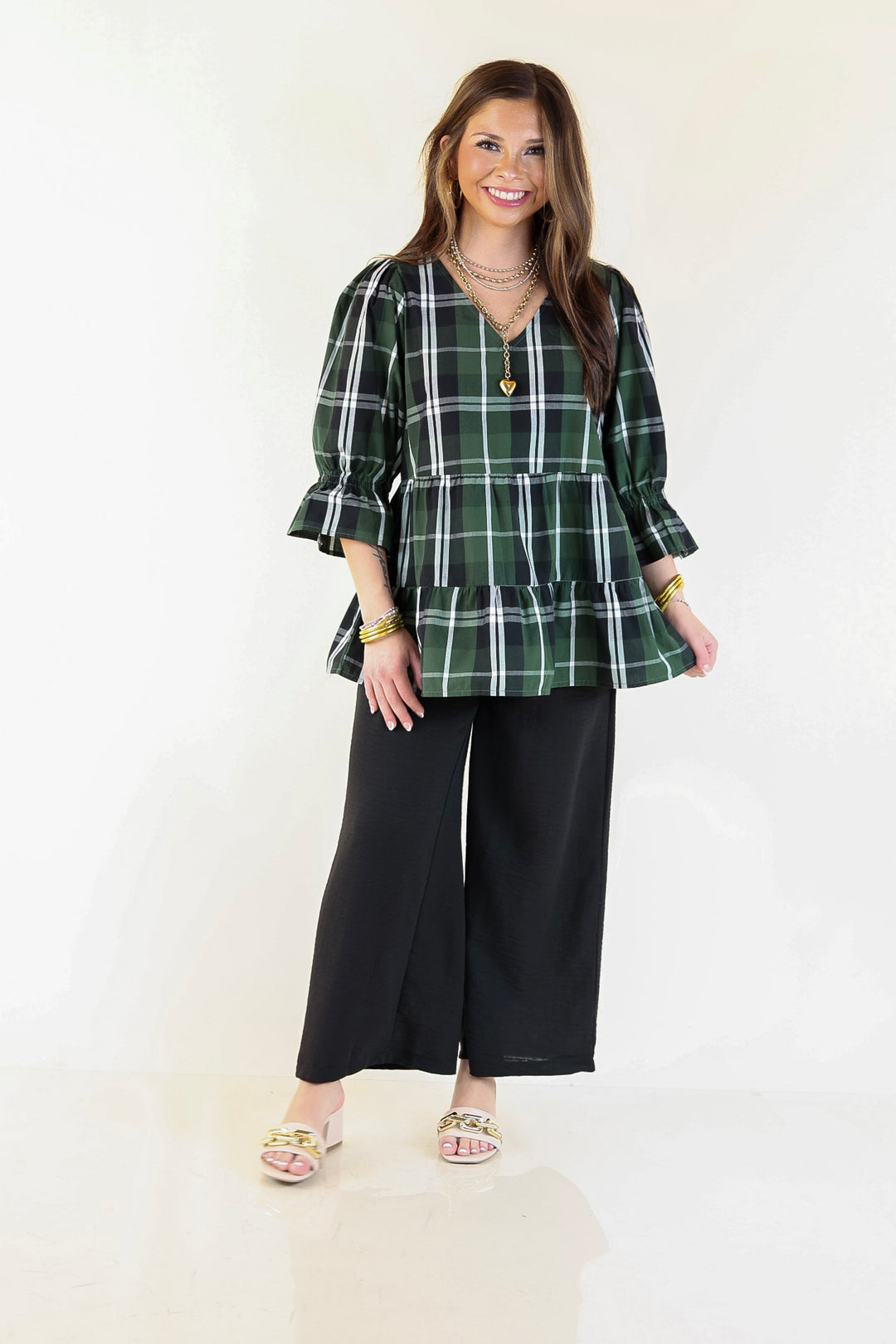 Mud Pie | Ashford Plaid Babydoll Top with Ruffle Hem and 3/4 Balloon Sleeves in Green